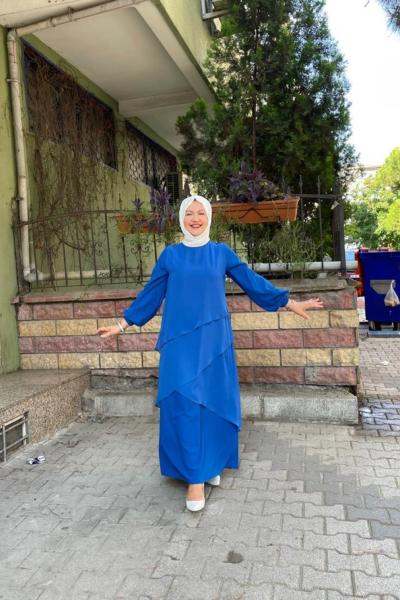 Kat kat şifon detaylı elbıse Mavi