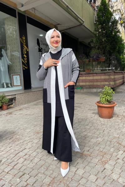 Kazayağı desenlı tam boy hırka Siyah