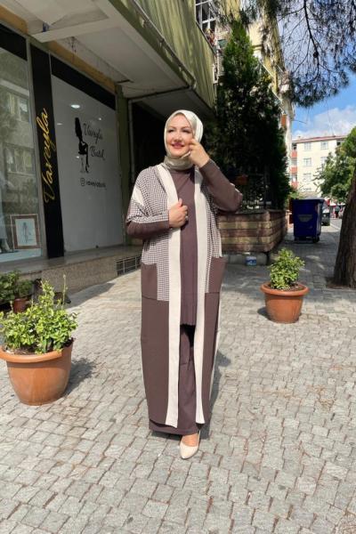 Kazayağı desenlı tam boy hırka Kahverengi