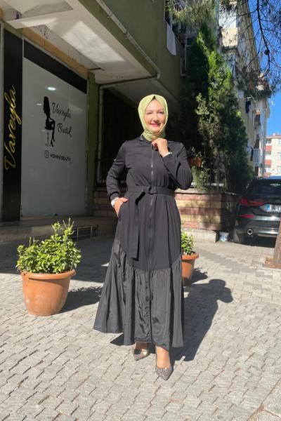 Kemerlı etek ucu paraşut detaylı ferace Siyah