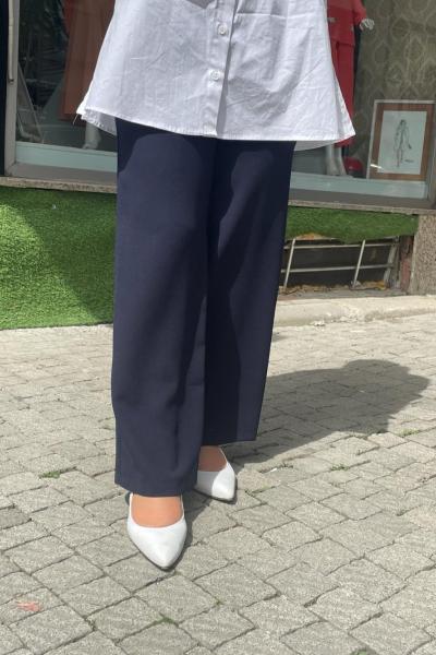 Kemerli İspanyol Paça Kumaş Pantolon Lacivert