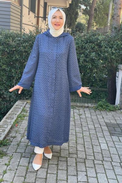 Kendinden puskullu saten kapşonlu kap Mavi