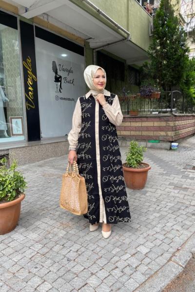 Kendinden nakışli keten gömlek Siyah