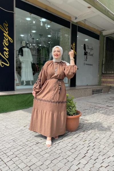 Keten elbise kolu nakışlı Kahverengi