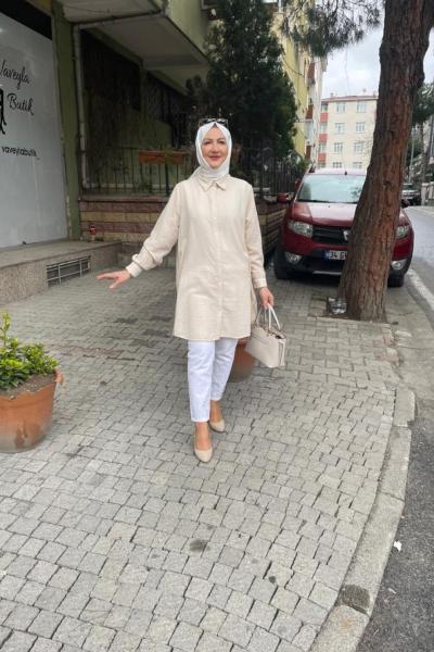 Keten gömlek ara boy Krem