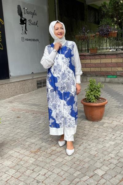 Keten kolları rıvanalı kap Saks Mavisi