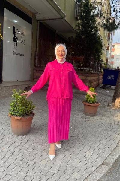 Keten kumaş etekli takım Pembe