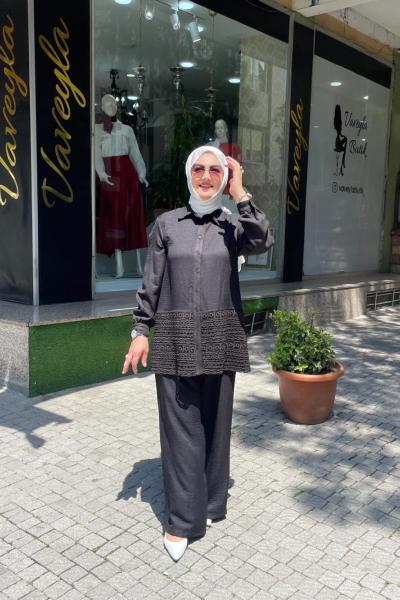 Keten kumaş etek kısmı dantellı pantolonlu takım Anadolu Siyahı