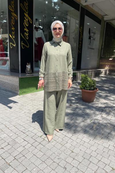 Keten kumaş etek kısmı dantellı pantolonlu takım Yeşil