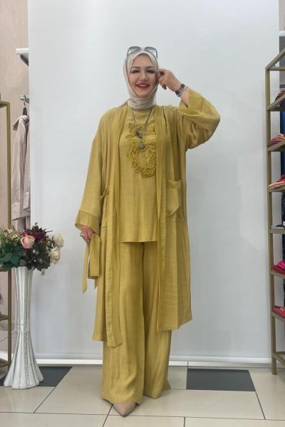 Keten pantolonlu takım Yağ Yeşili