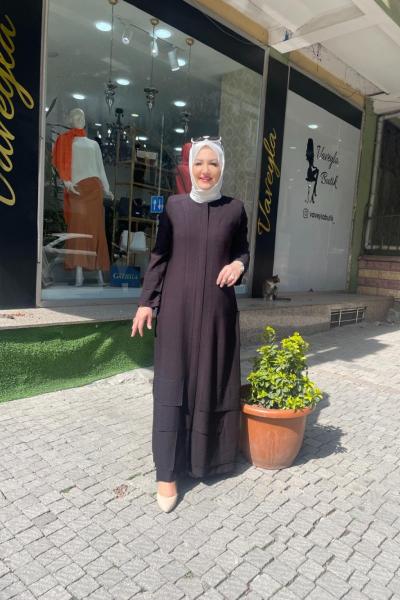 Keten tarzı kolları kat kat keten ferace Siyah