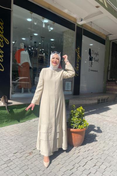 Keten tarzı kolları kat kat keten ferace Bej