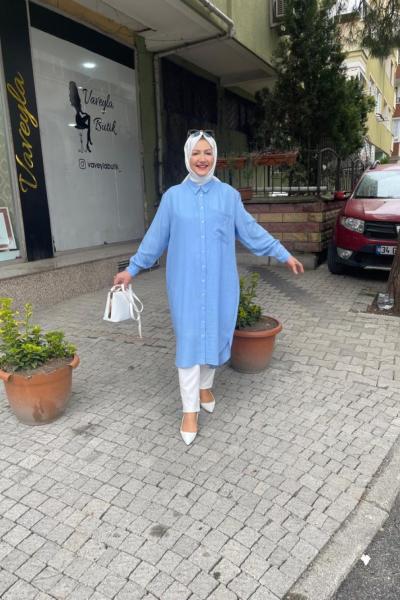 Keten uzun gömlek Mavi