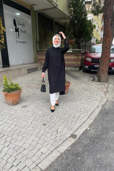 Keten uzun gömlek Siyah