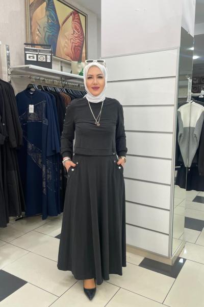 Kol detayin zimba baskılı etekli takım Anadolu Siyahı