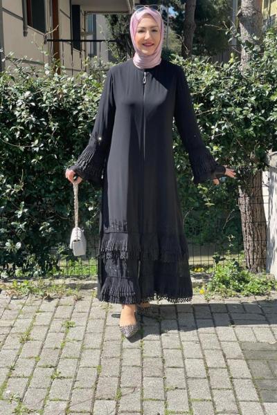 Kol ucu etek ucu lazer kesım şifon ferace Siyah