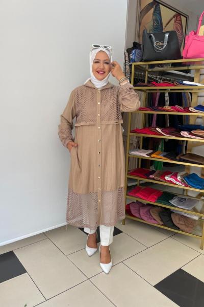 Kol ve etek ucu file detaylı tunık Bej