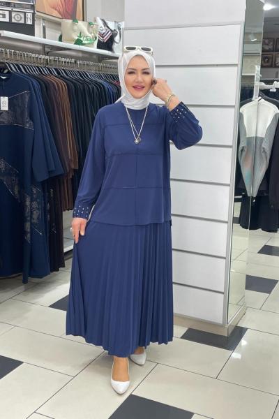 Koları taşlı eteklı takım Mavi