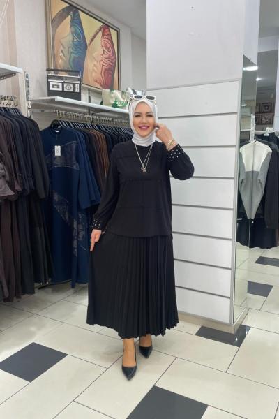 Koları taşlı eteklı takım Siyah Zambak