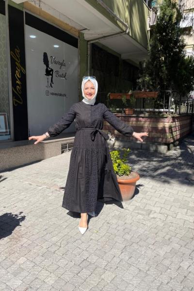 Kolları Balon Nervüllü Yarım Dügmeli elbıse Siyah