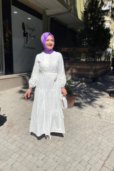 Kolları Balon Nervüllü Yarım Dügmeli elbıse Beyaz