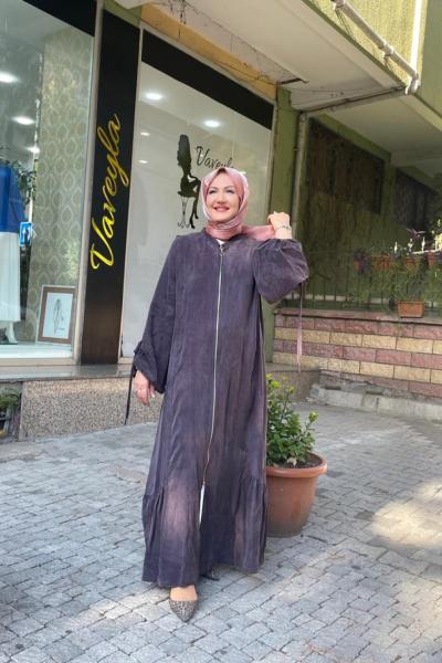 Kolları büzgü detay önden fermuarlı ferace Mürdüm