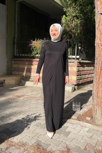 Kolları deri konbinli belden kuşakli elbıse Siyah