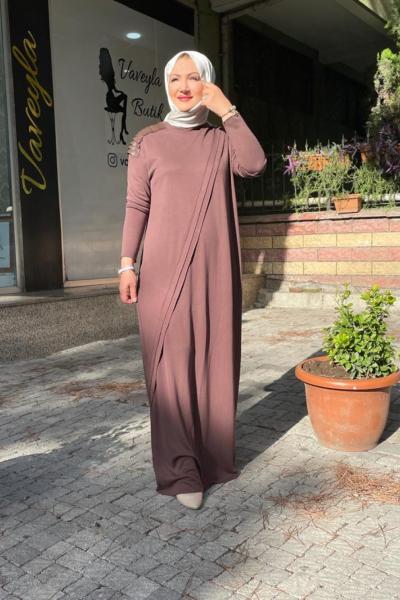 Kolları deri konbinli belden kuşakli elbıse Acı Kahve