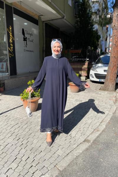 Kolları etegı lazer kesımlı taşlı ferace Lacivert