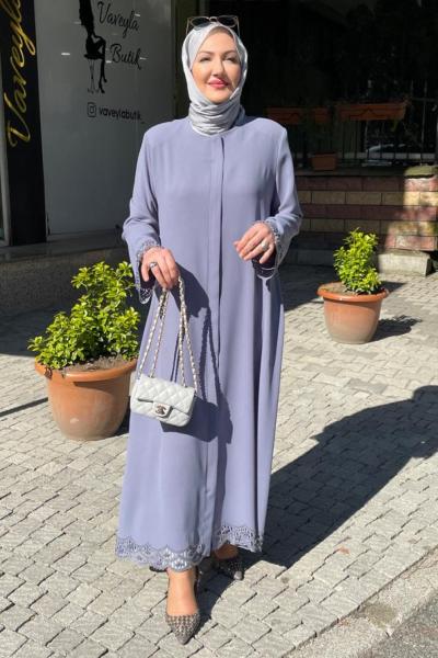 Kolları etegı lazer kesımlı taşlı ferace Açık Mavi