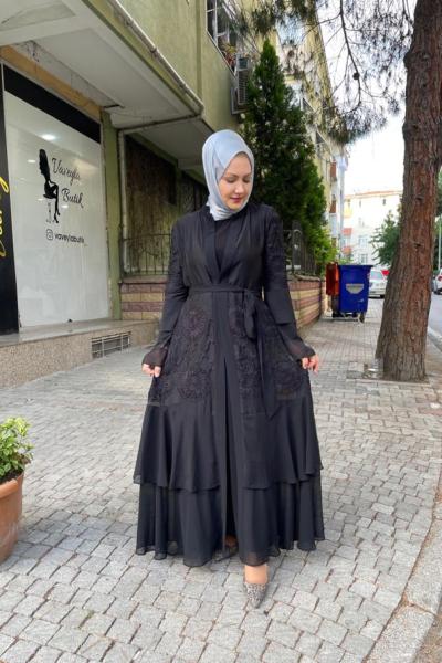 Kolları etegı volonlu işlemeli abaya elbıse Anadolu Siyahı