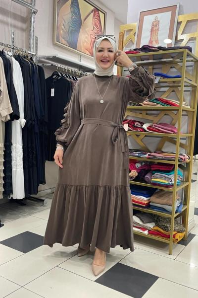 Kolları fırfır  ve işleme detaylı tencel elbıse Kahverengi