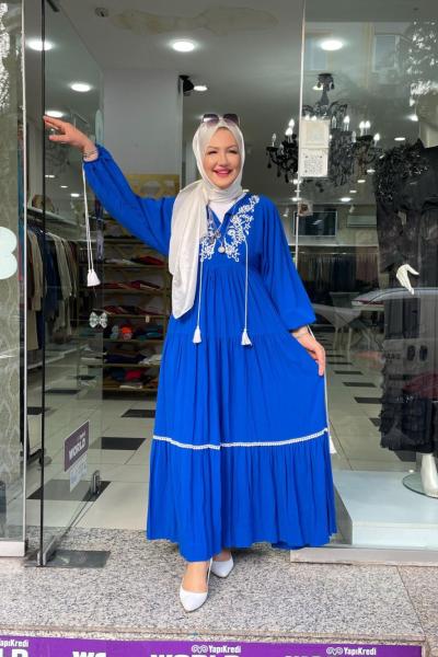 Kolları ipli elbise Mavi