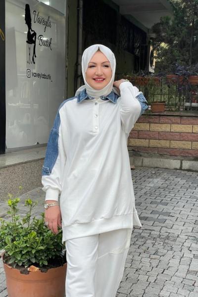 Kolları kot detaylı tunık Beyaz