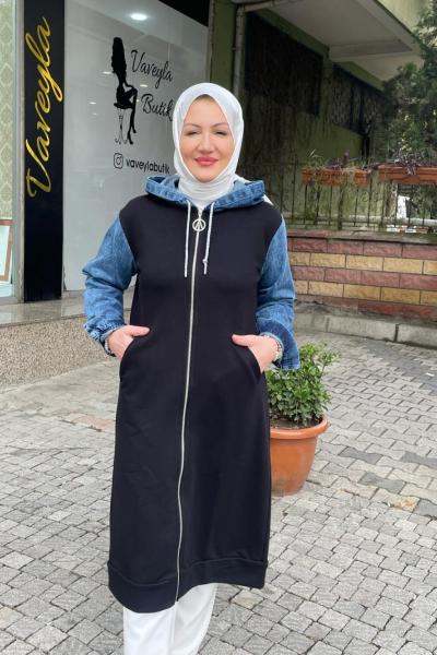 Kolları kot detaylı kap Siyah