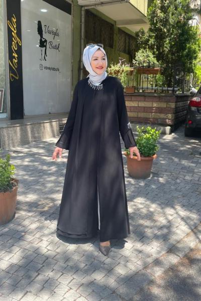 Kolları taşlı ve yakası taş işlemeli abiye ferace Anadolu Siyahı
