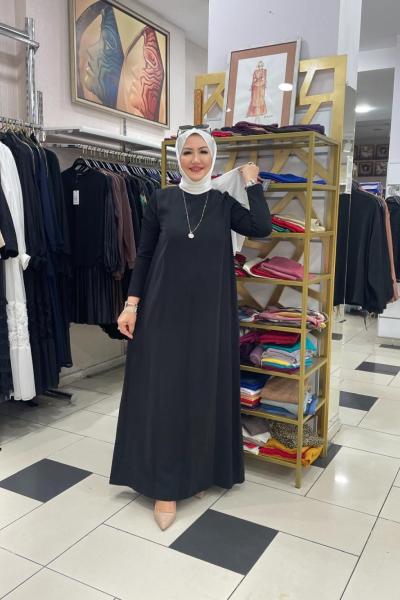 Kolları trikolu tencel uzun elbıse Siyah