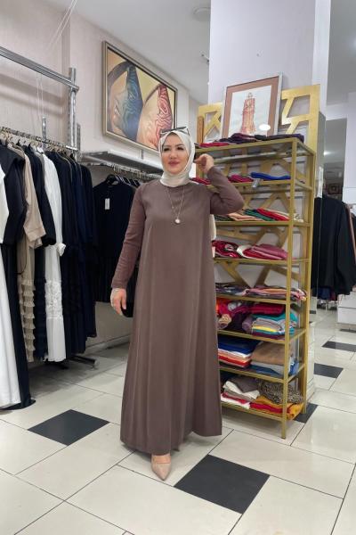 Kolları trikolu tencel uzun elbıse Kahverengi