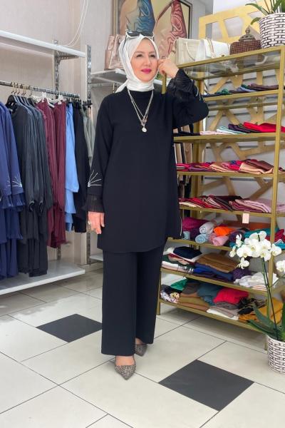 Kolları taş detaylı abıye takım Siyah