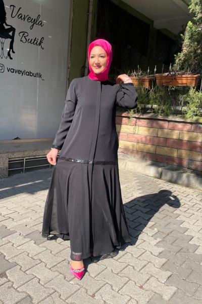 Kolları ve etek ucu paletli ferace Siyah