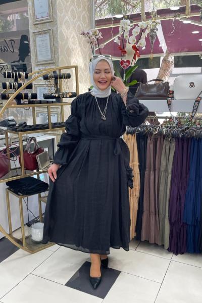 Kolları volonlu elbıse  Siyah