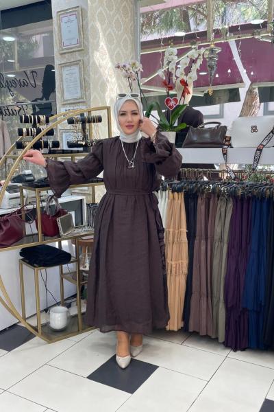 Kolları volonlu elbıse  Kahverengi