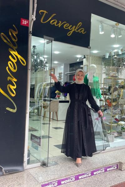 Kolları yakası payet detaylı abaya Anadolu Siyahı