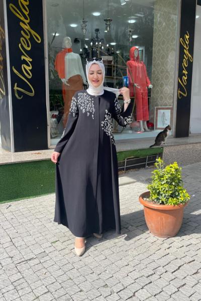 Kolu önü taşlı abiye ferace Siyah