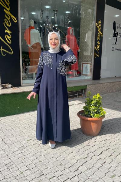 Kolu önü taşlı abiye ferace Lacivert