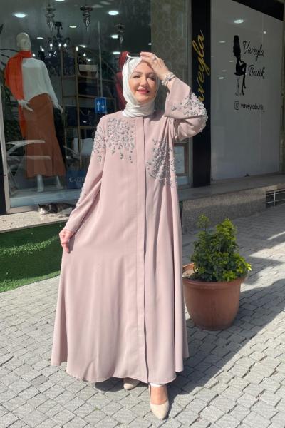 Kolu önü taşlı abiye ferace Bej