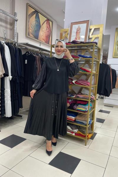 Kolu pliseli bluz  derı eteklı takım Siyah