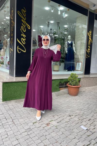 Komple pılıseli balon kol elbise Mor