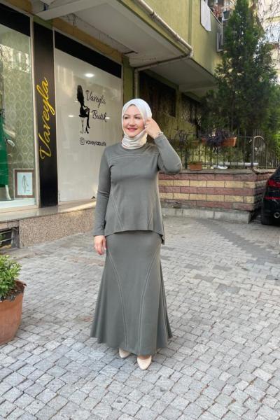 Kontras dikiş özellikli balık etekli çelik takım Yeşil