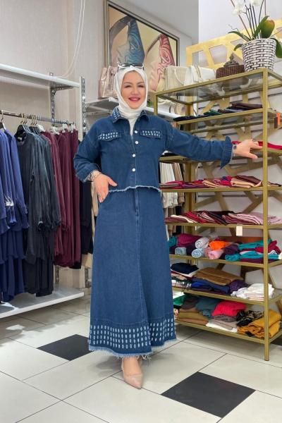 Kot ceketli etekli takım  Mavi